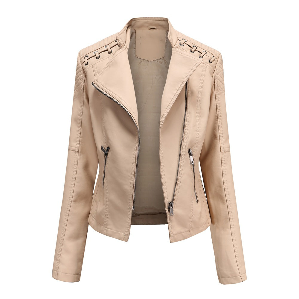 Women's short biker jacket made of faux leather with decorative eyelet lacing on the shoulders Mune Fashion