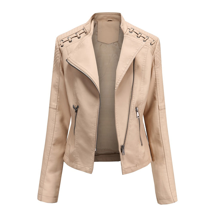 Women's short biker jacket made of faux leather with decorative eyelet lacing on the shoulders Mune Fashion