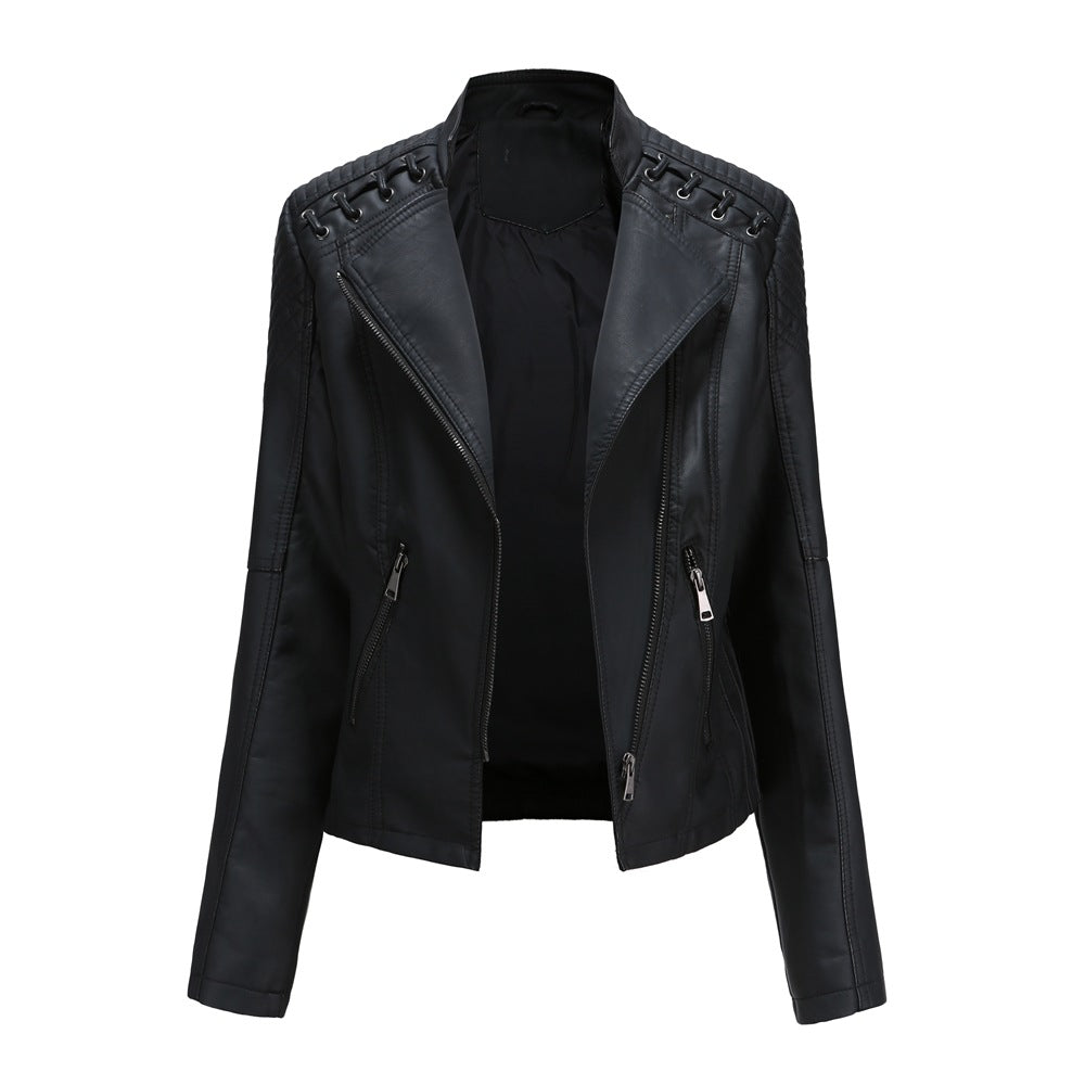 Women's short biker jacket made of faux leather with decorative eyelet lacing on the shoulders Mune Fashion