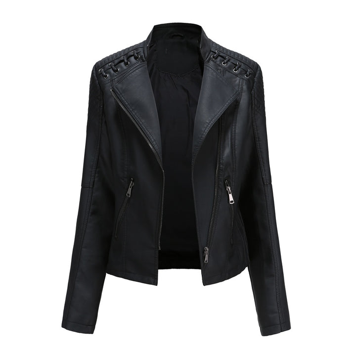 Women's short biker jacket made of faux leather with decorative eyelet lacing on the shoulders Mune Fashion