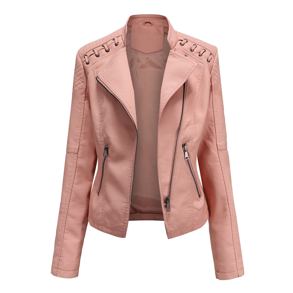 Women's short biker jacket made of faux leather with decorative eyelet lacing on the shoulders Mune Fashion