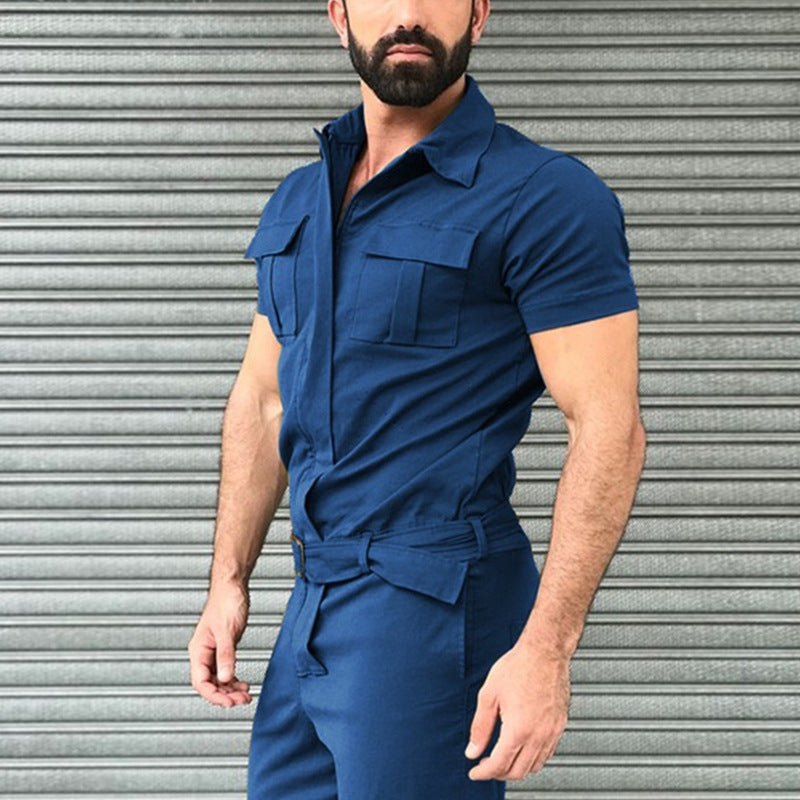 Men's short-sleeve work overall with waist belt and chest pockets Mune Fashion