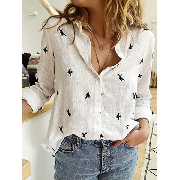 Women's loose linen blouse with star print V-neck buttoned front Mune Fashion