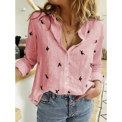Women's loose linen blouse with star print V-neck buttoned front Mune Fashion