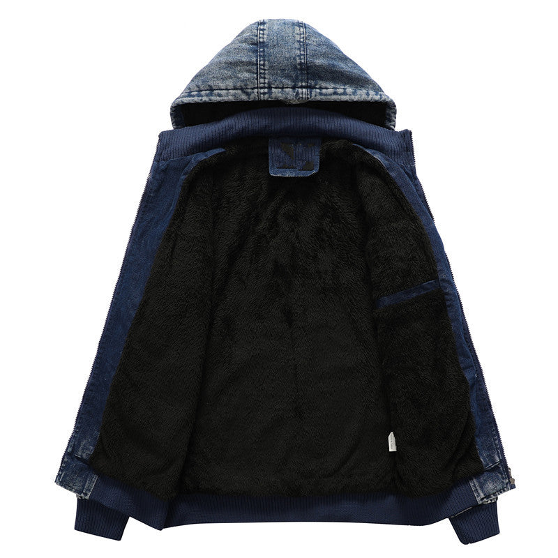 Men's Utility Denim Jacket with Hood and Thermal Teddy Lining Mune Fashion
