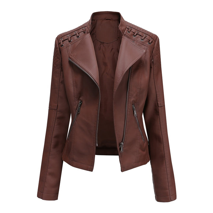 Women's short biker jacket made of faux leather with decorative eyelet lacing on the shoulders Mune Fashion