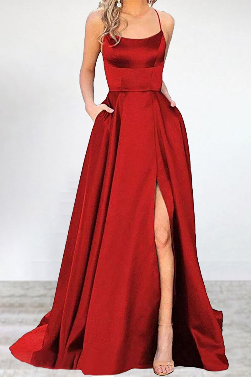 Mune Fashion | Sexy Formal Solid High Split U Neck Evening Dress - 16 Colors