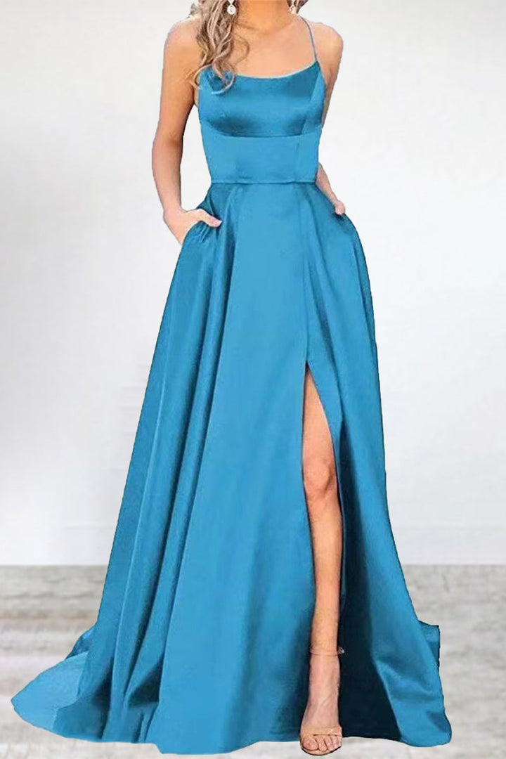 Mune Fashion | Sexy Formal Solid High Split U Neck Evening Dress - 16 Colors