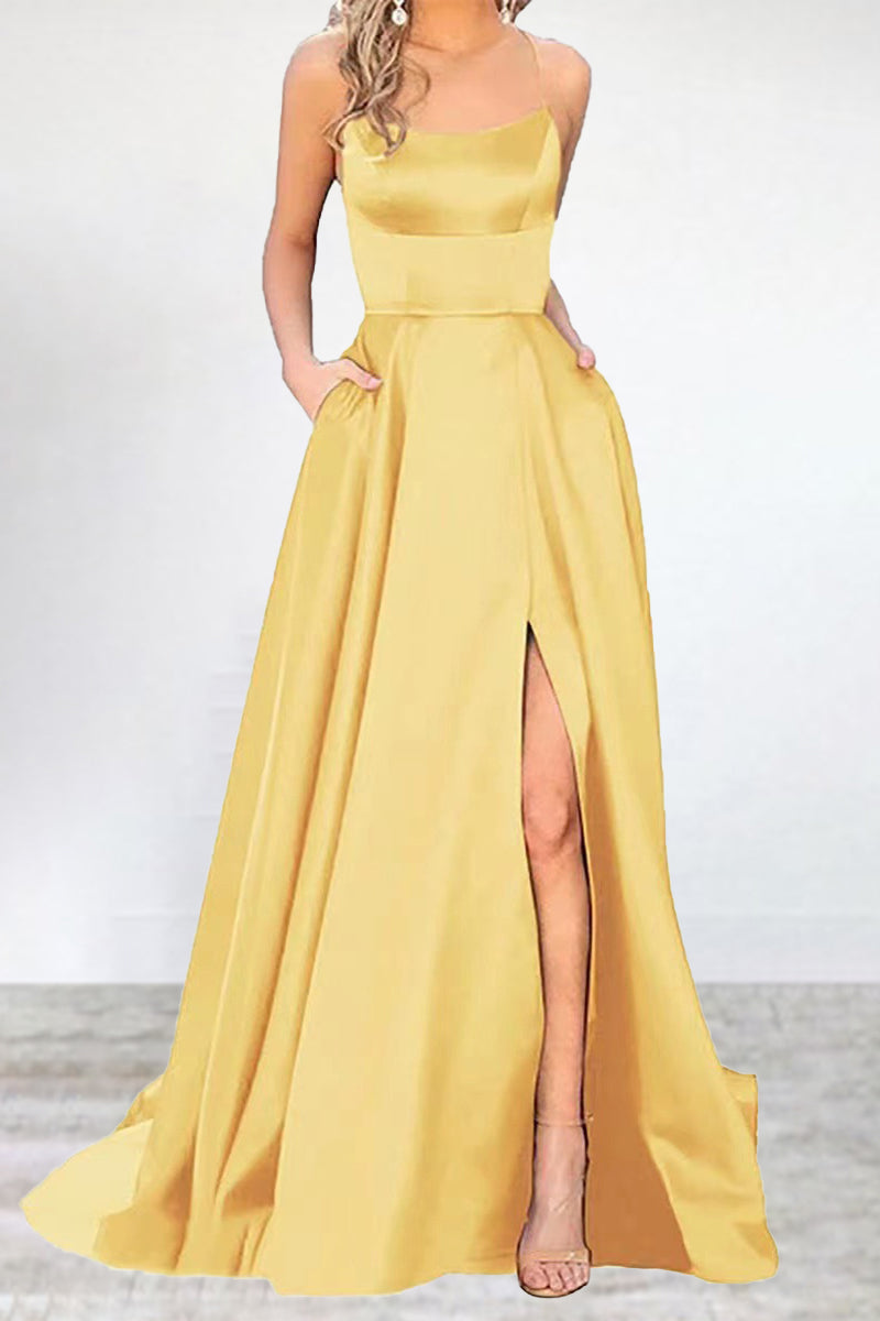 Mune Fashion | Sexy Formal Solid High Split U Neck Evening Dress - 16 Colors