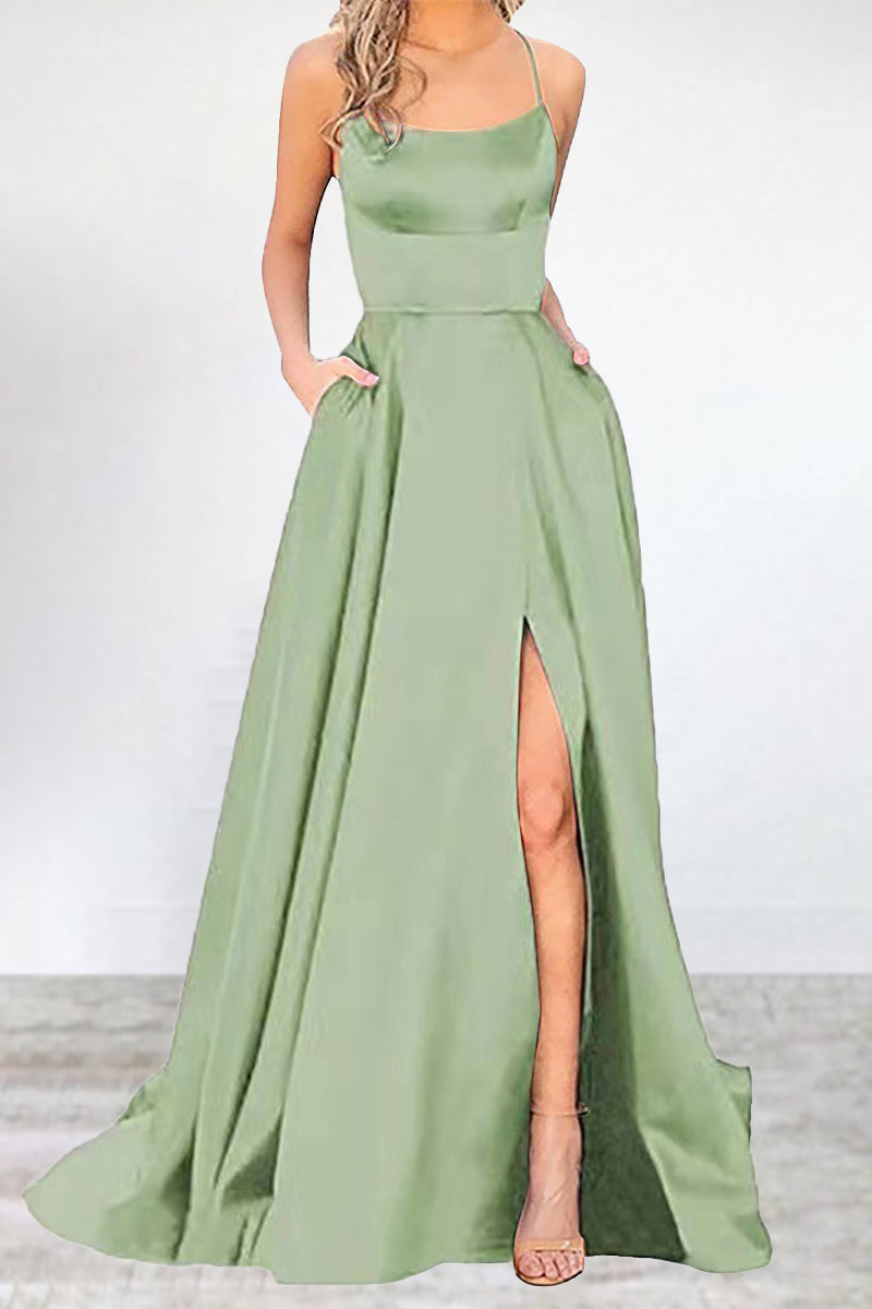 Mune Fashion | Sexy Formal Solid High Split U Neck Evening Dress - 16 Colors
