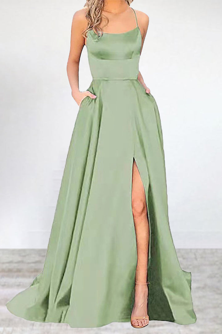 Mune Fashion | Sexy Formal Solid High Split U Neck Evening Dress - 16 Colors