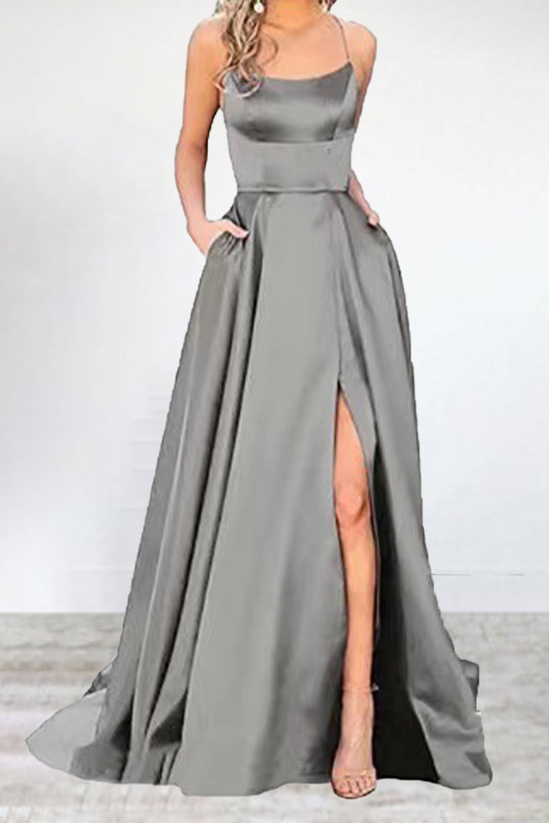 Mune Fashion | Sexy Formal Solid High Split U Neck Evening Dress - 16 Colors