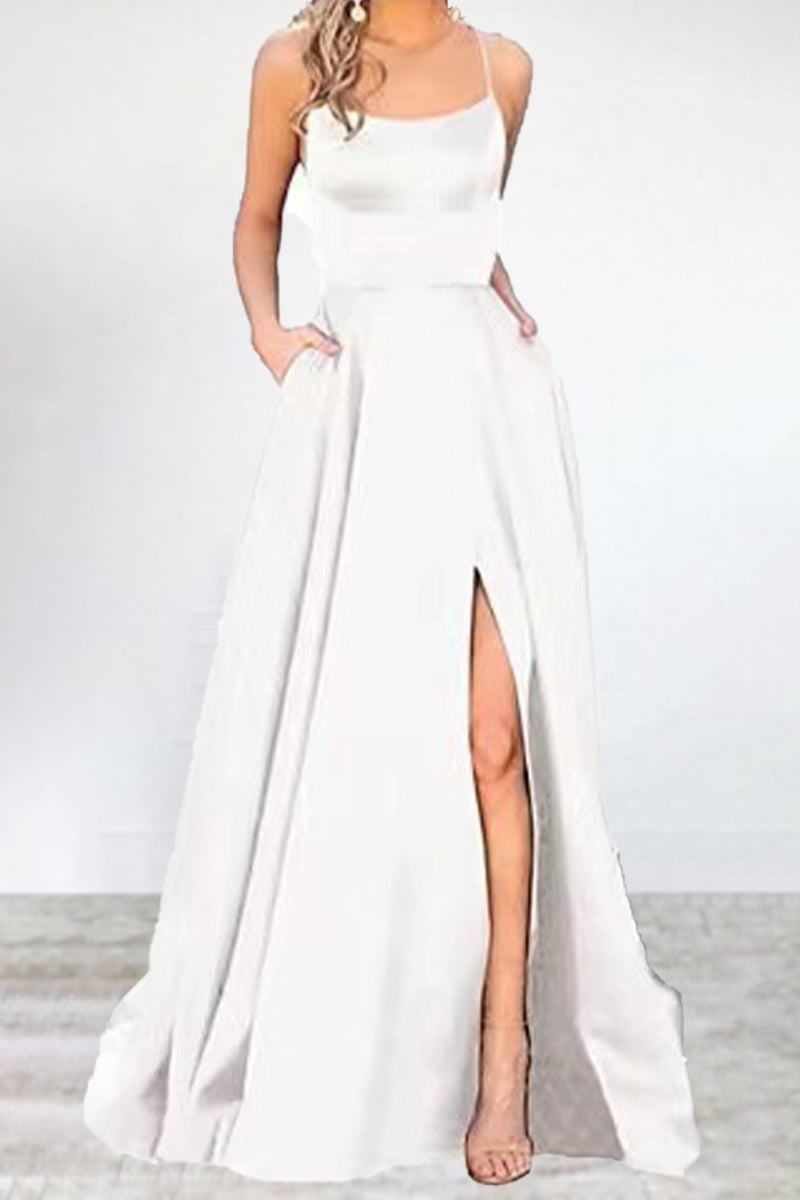 Mune Fashion | Sexy Formal Solid High Split U Neck Evening Dress - 16 Colors