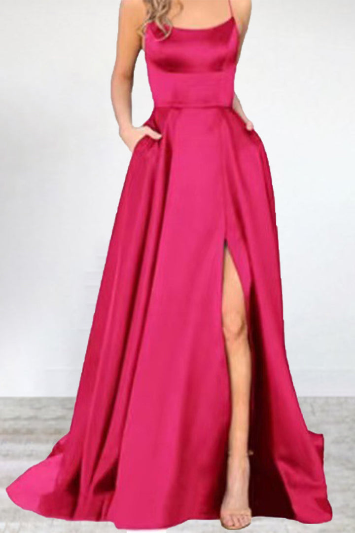 Mune Fashion | Sexy Formal Solid High Split U Neck Evening Dress - 16 Colors