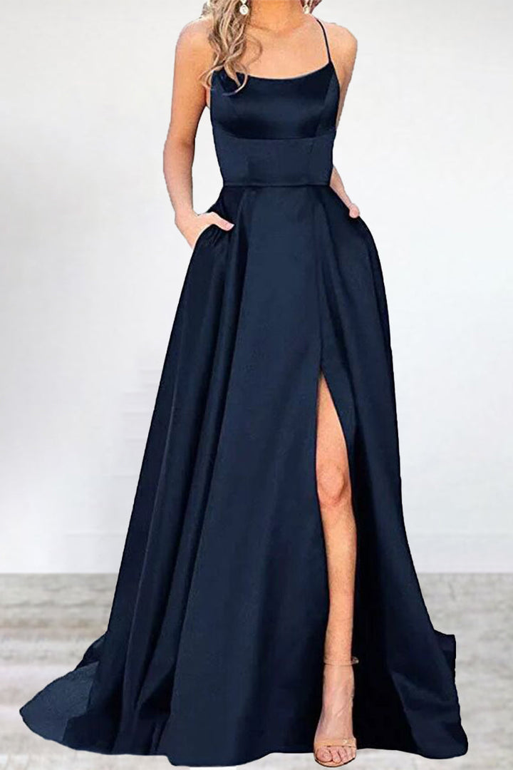 Mune Fashion | Sexy Formal Solid High Split U Neck Evening Dress - 16 Colors