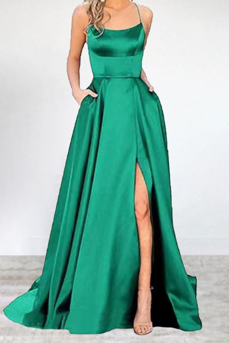 Mune Fashion | Sexy Formal Solid High Split U Neck Evening Dress - 16 Colors