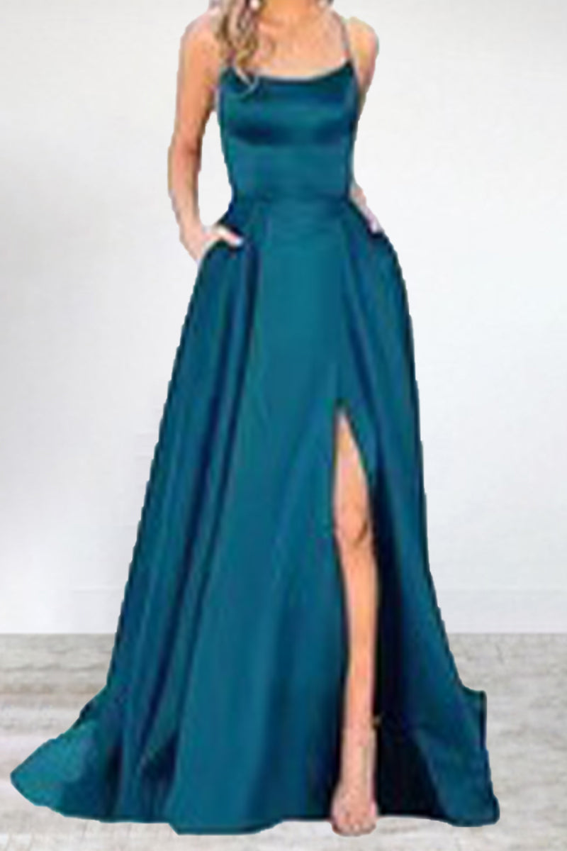 Mune Fashion | Sexy Formal Solid High Split U Neck Evening Dress - 16 Colors