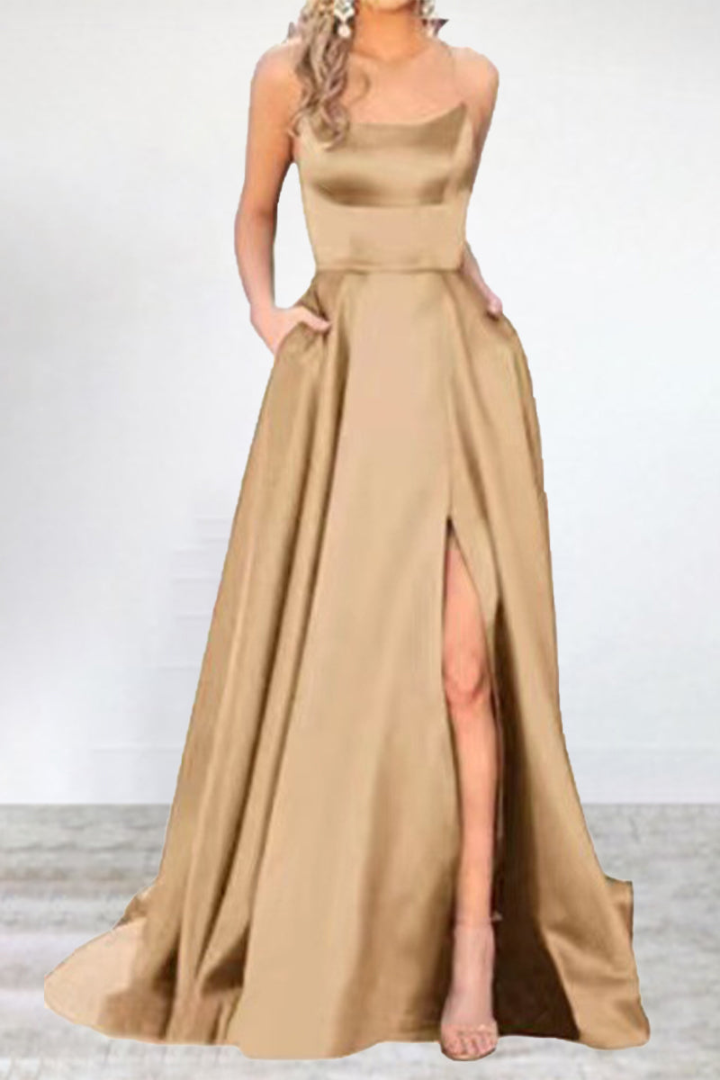 Mune Fashion | Sexy Formal Solid High Split U Neck Evening Dress - 16 Colors