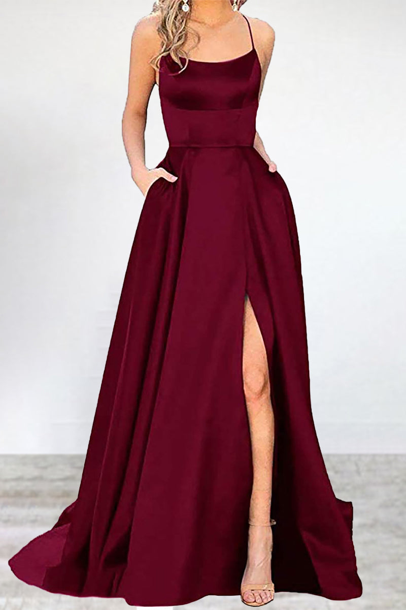 Mune Fashion | Sexy Formal Solid High Split U Neck Evening Dress - 16 Colors