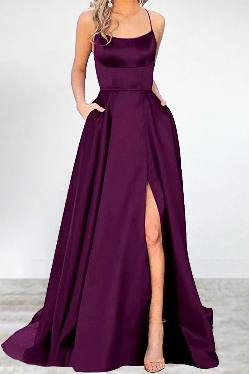 Mune Fashion | Sexy Formal Solid High Split U Neck Evening Dress - 16 Colors