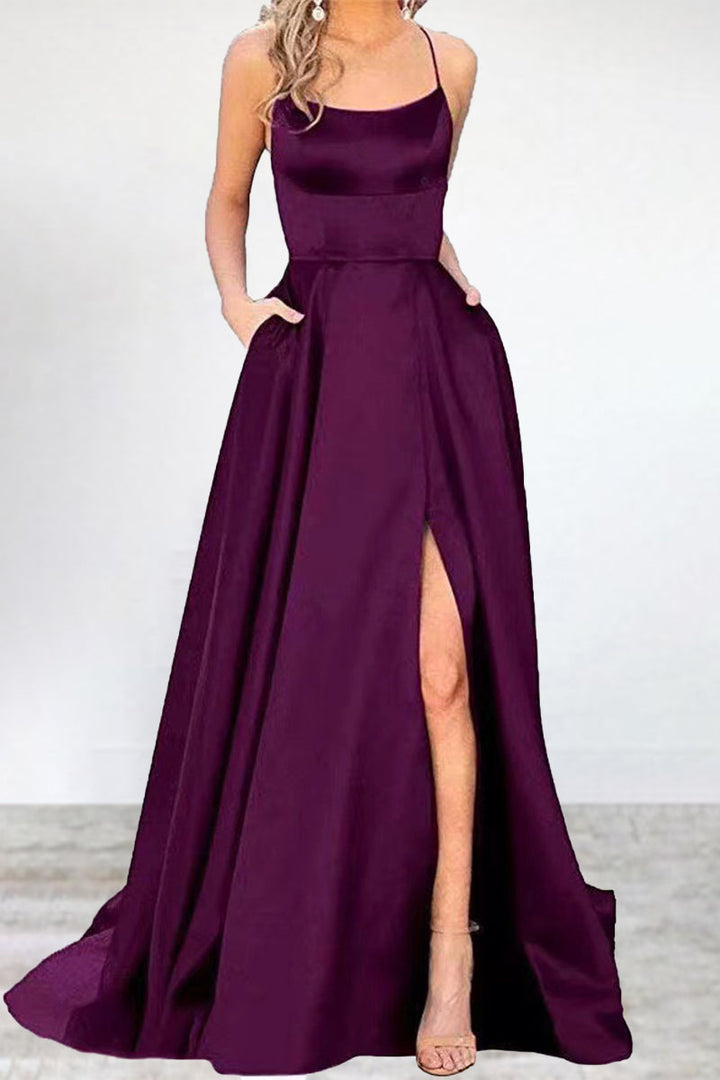 Mune Fashion | Sexy Formal Solid High Split U Neck Evening Dress - 16 Colors