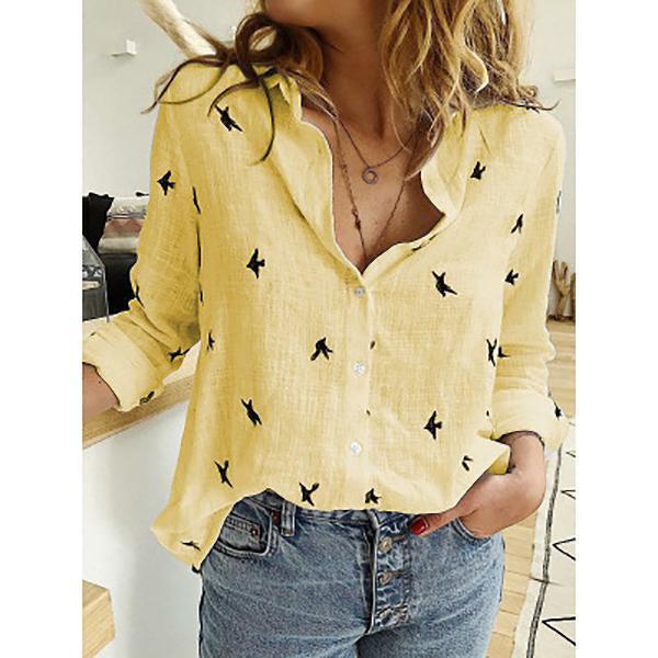 Women's loose linen blouse with star print V-neck buttoned front Mune Fashion