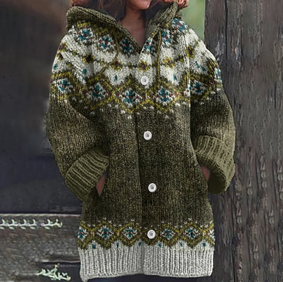 Women Fair Isle Hooded Knit Cardigan
