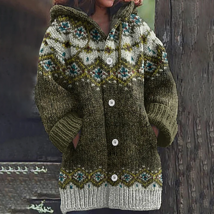 Women Fair Isle Hooded Knit Cardigan