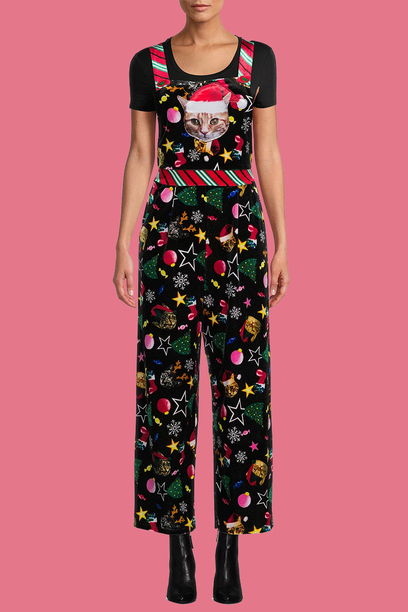 Mune | Casual Wapiti Snowflake Christmas Tree Printed Patchwork Square Collar Loose Overalls