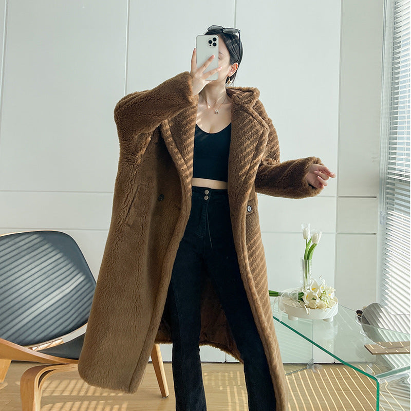 Teddy coat with hood, mid-length, women's
