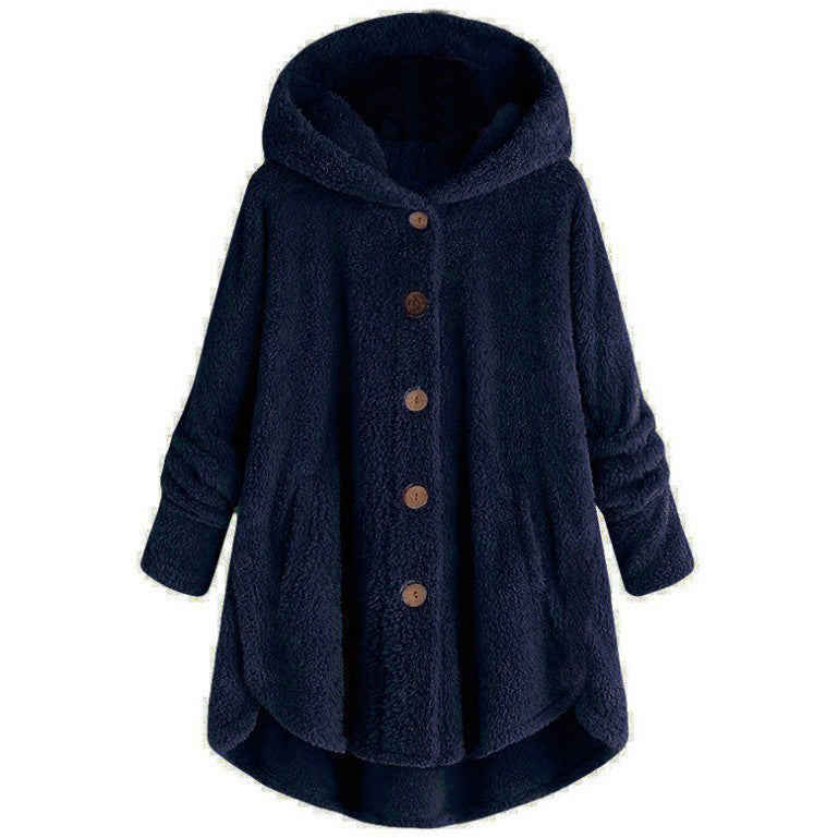 Ladies plush jacket with button placket, asymmetrical