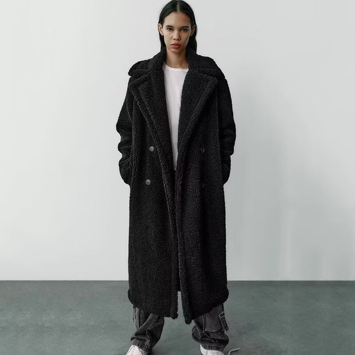 Long Lamb Fleece Coat with Lapel for Women