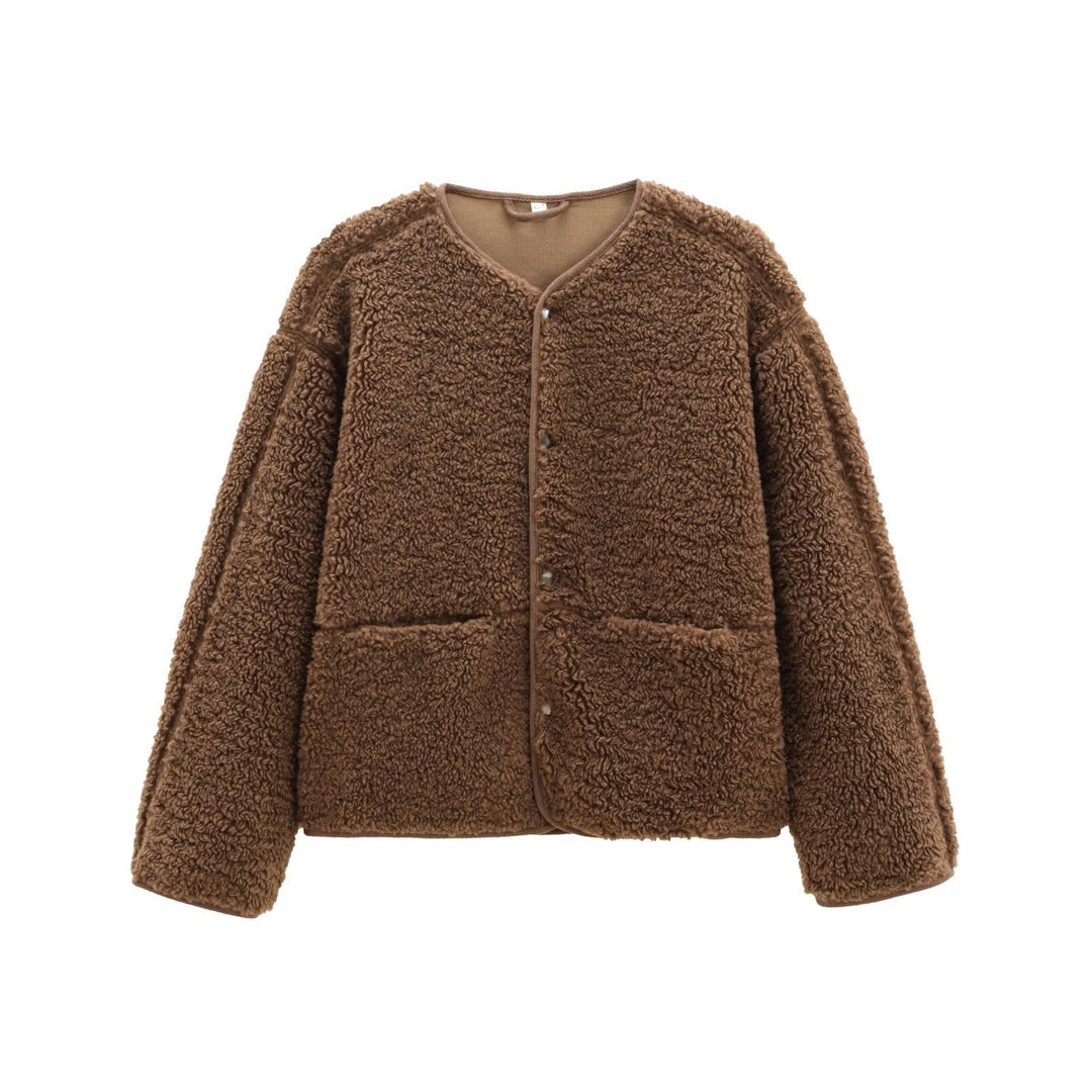 Women Teddy fleece Jacket, Round neck, plain