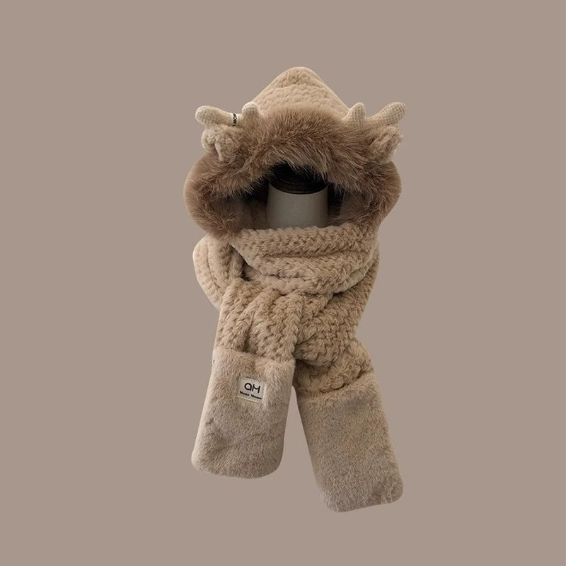 Women's Winter Set: Plush Hooded Hat with Scarf and Gloves