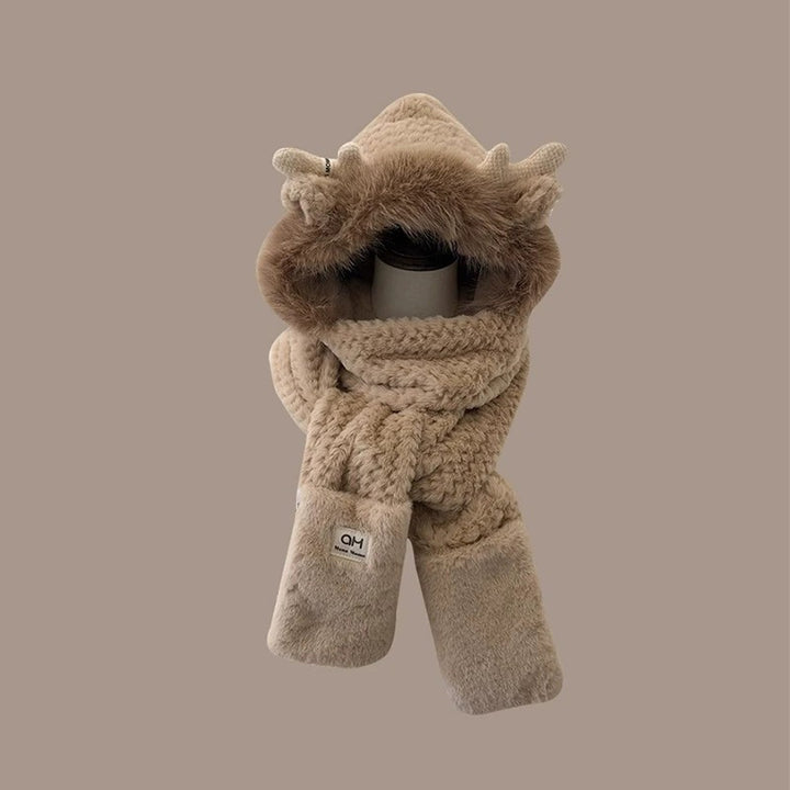 Women's Winter Set: Plush Hooded Hat with Scarf and Gloves