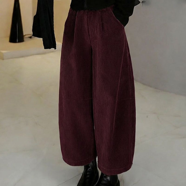 Women's corduroy pants, wide cut, elastic waistband