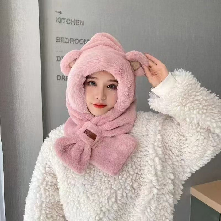 Plush hooded scarf with bear design, lined
