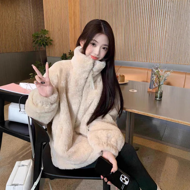 Casual lambskin imitation jacket with stand-up collar