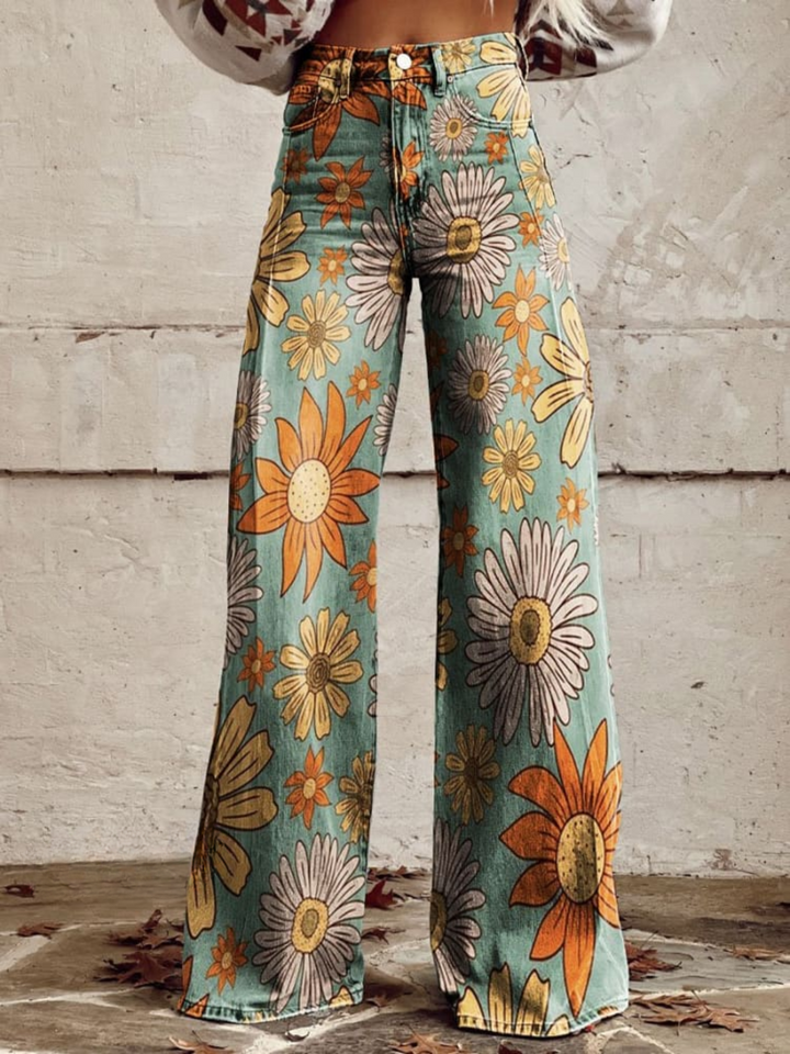 Wide Leg Jeans with Bold Floral Print for Women