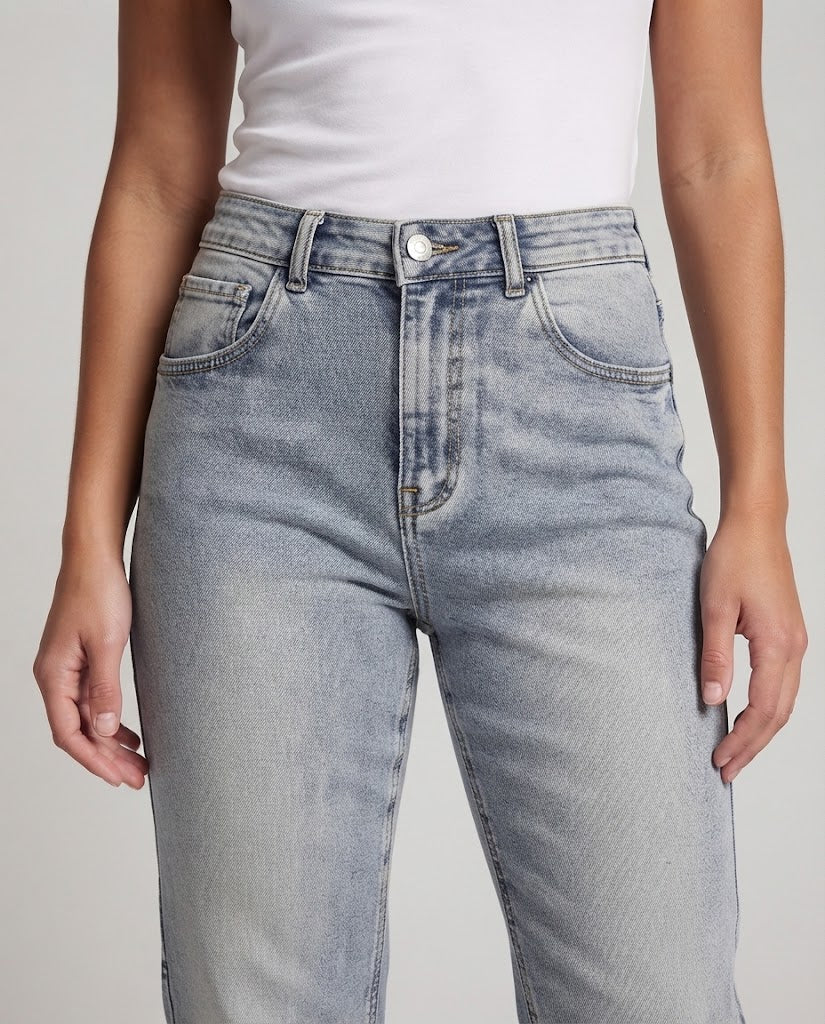 Women Straight Cut High-Waist Denim Jeans with Soft Used Wash Mune Fashion