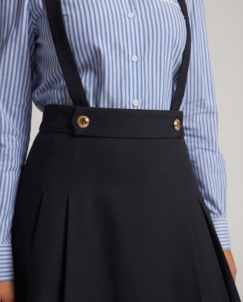 Ladies High-Waisted A-Line Strap Skirt with Gold Button Details and Removable Straps Mune Fashion