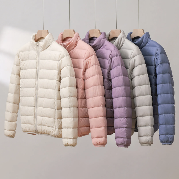 Short, lightweight women's down jacket, stand collar
