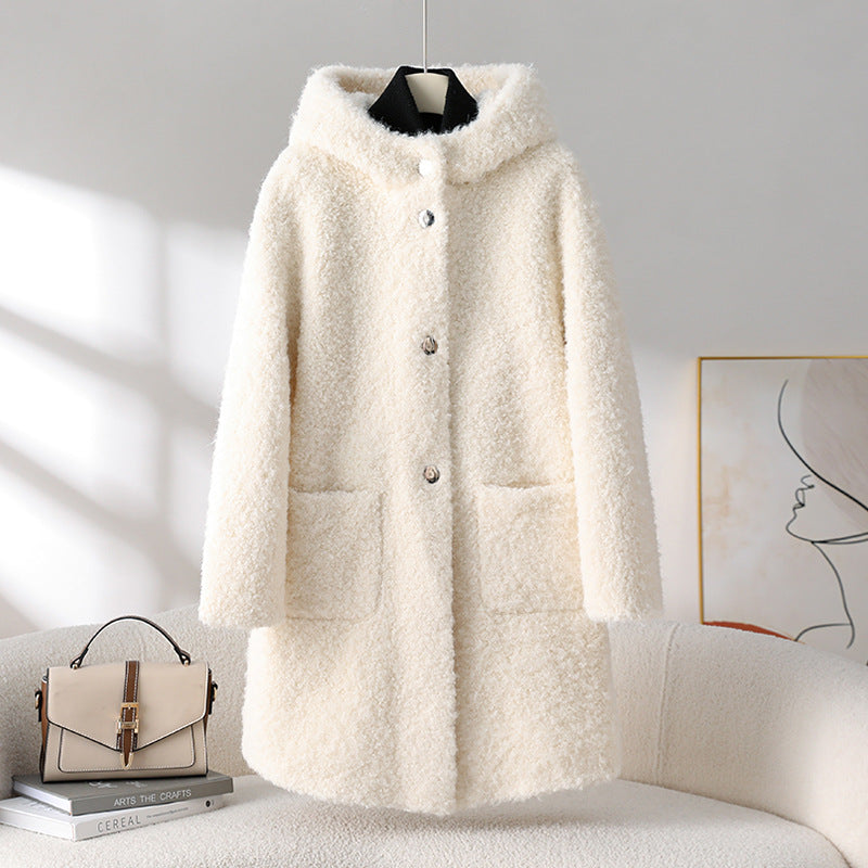 Women’s sheepskin coat with hood, mid-length