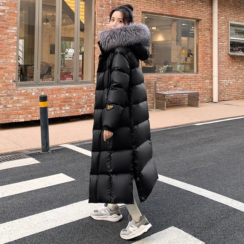 Long women's down coat with fox fur collar
