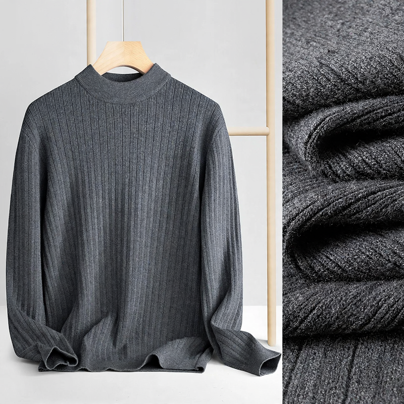 Men's knit sweater made of wool and lyocell, stand-up collar