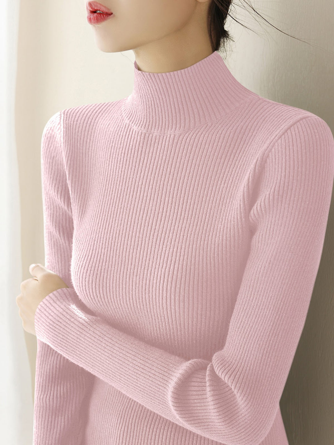 Women's knitted pullover with stand-up collar, slim fit