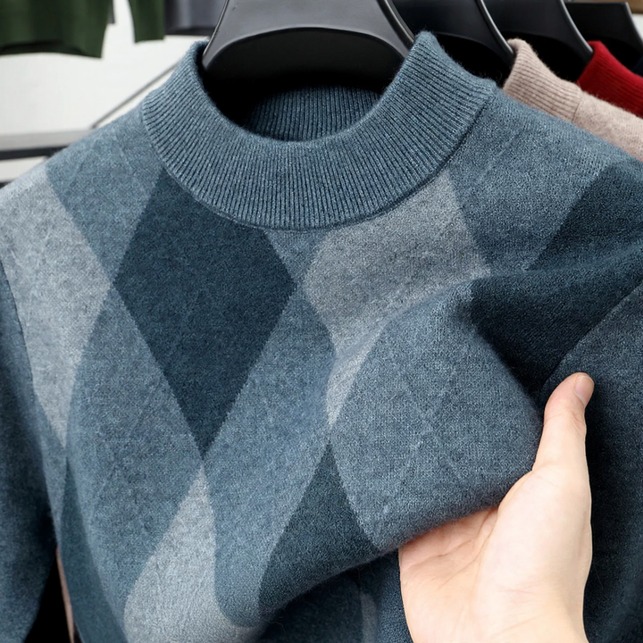 Men's wool sweater, checkered, stand collar, extra warm
