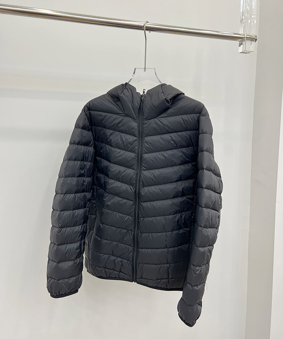 Light men's down jacket, short, with hood