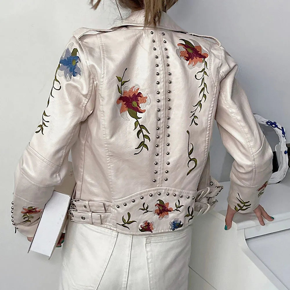 Mune | Women's leather jacket with stud accent and floral pattern