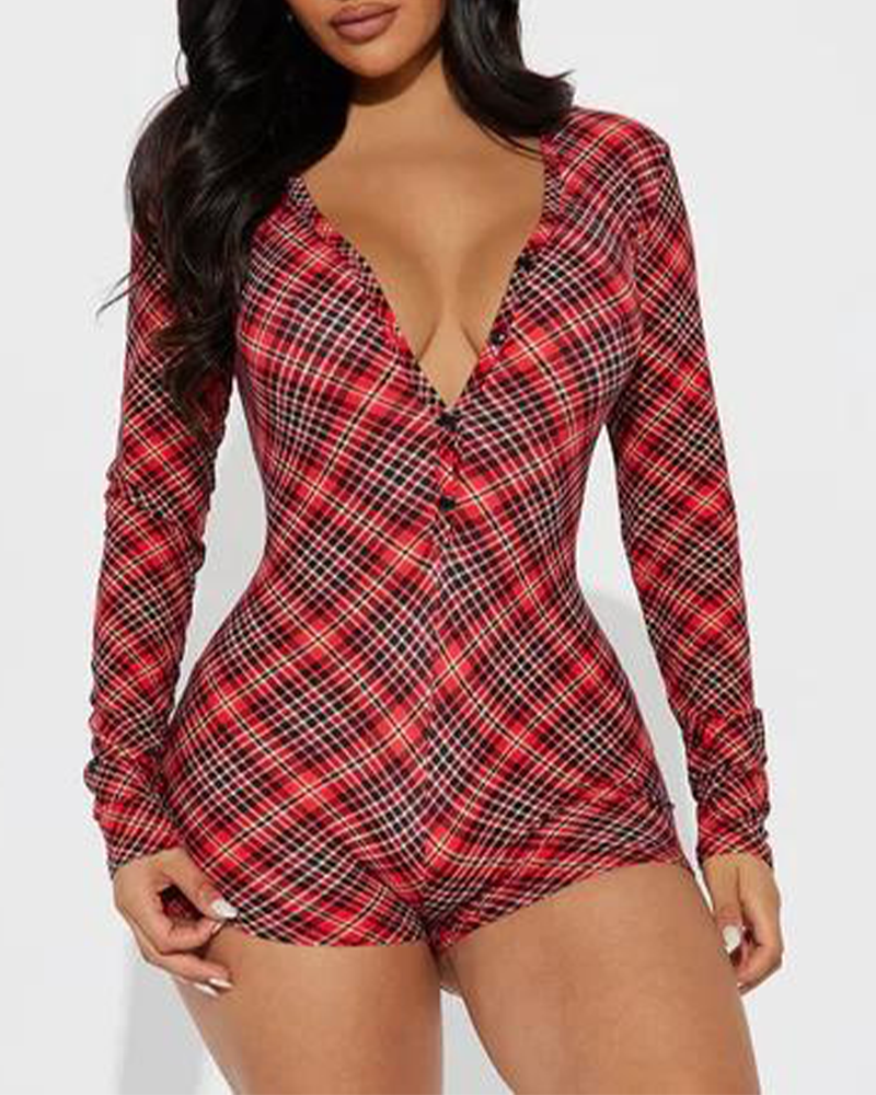 Mune | Christmas Check Pattern V Neck Long Sleeve Jumpsuit Shorts